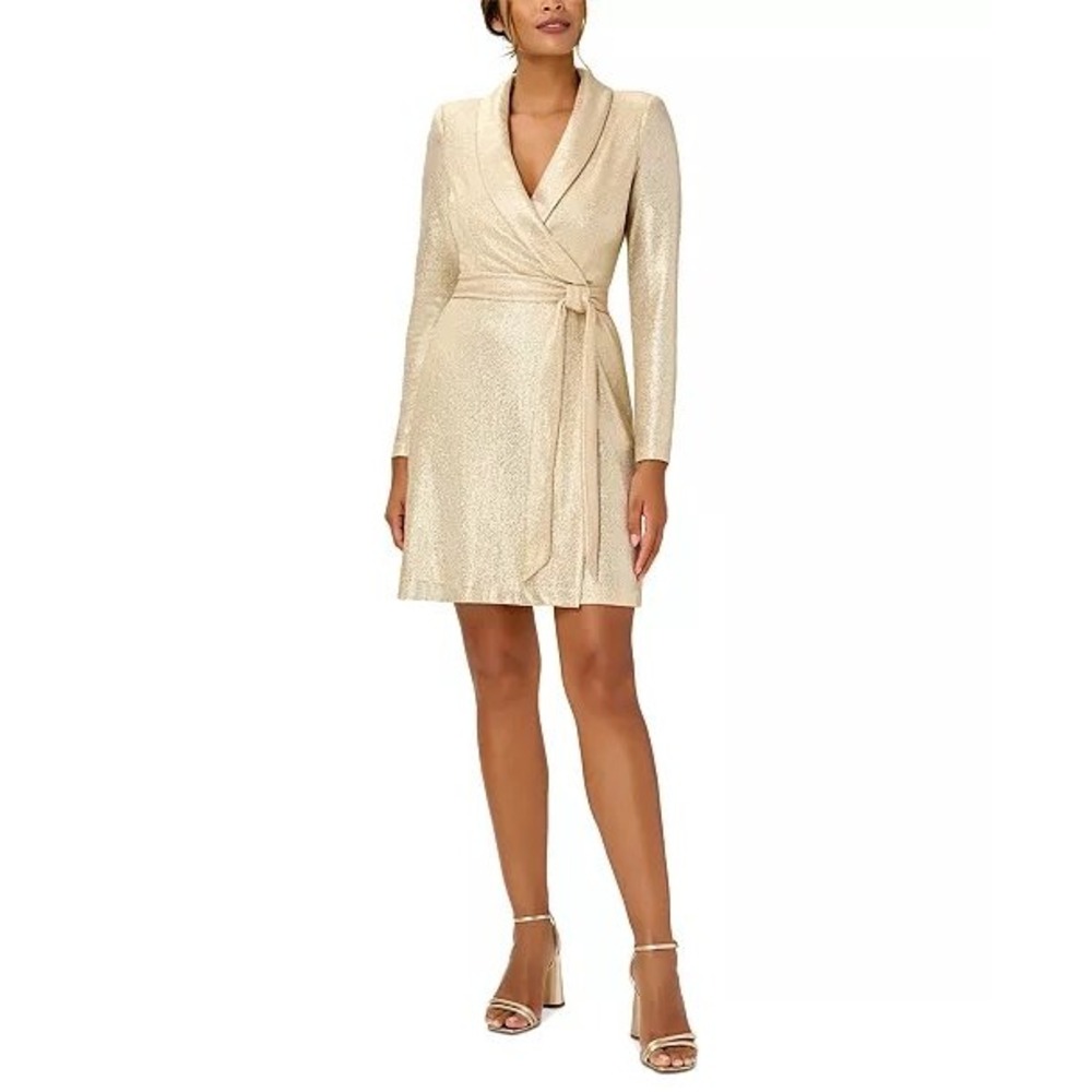 Adrianna Papell Wrap Dress Metallic Shimmer Knit Long Sleeve Gold 12 Cocktail